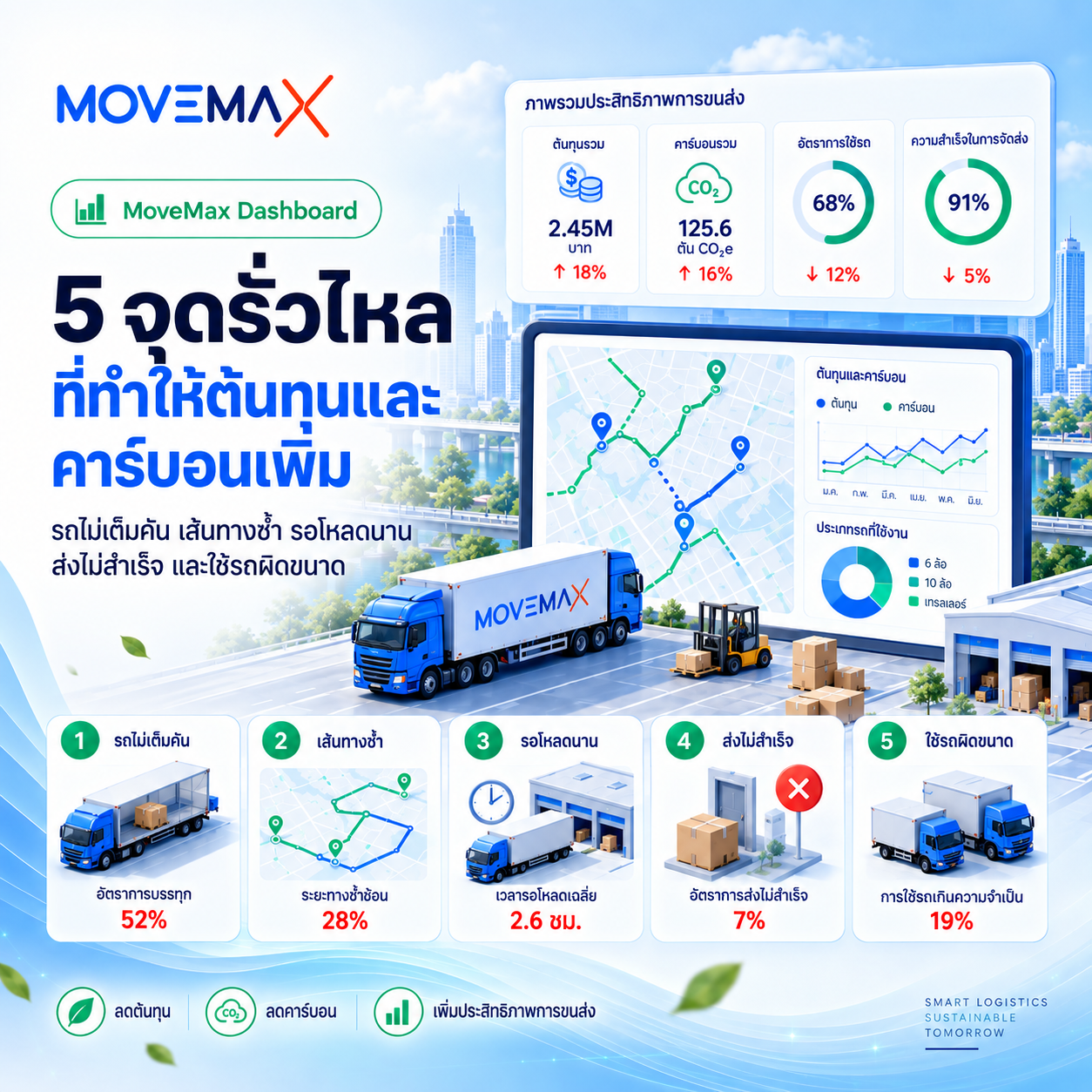 5 จุดรั่วไหลที่ทำให้ต้นทุนและคาร์บอนเพิ่ม  รถไม่เต็มคัน • เส้นทางซ้ำ • รอโหลดนาน • ส่งไม่สำเร็จ • ใช้รถผิดขนาด