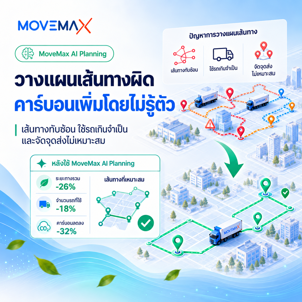 วางแผนเส้นทางผิด คาร์บอนเพิ่มโดยไม่รู้ตัว  เส้นทางทับซ้อน ใช้รถเกินจำเป็น และจัดจุดส่งไม่เหมาะสม